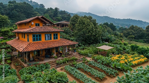 Eco Friendly Farmstay Experience with Tourists Harvesting Fresh Organic Fruits and Vegetables in a Picturesque Countryside Setting photo