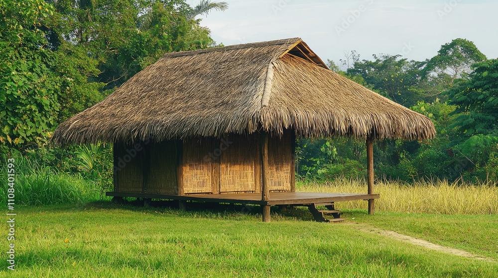 A Tranquil Rural Shelter with a Thatched Roof Nestled in a Lush Green Field Surrounded by Nature's Serenity and Peaceful Landscapes A Tranquil Rural Shelter with a Thatched Roof Nestled in a Lush Green Field Surrounded by Nature's Serenity and Peaceful Landscapes