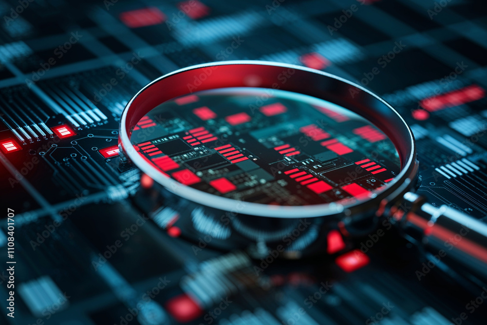 Obraz premium Examining circuit board details with a magnifying glass on a digital backdrop