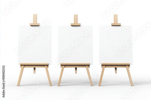 Three blank canvases on easels isolated on white background. photo