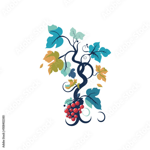 Colorful vine with grapes and leaves in a decorative style