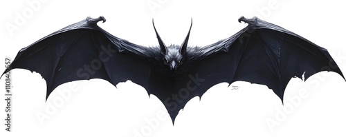 A menacing illustration of a large bat, its dark wings spread wide against a white background. The creature's intense gaze and sharp features create a sense of foreboding.