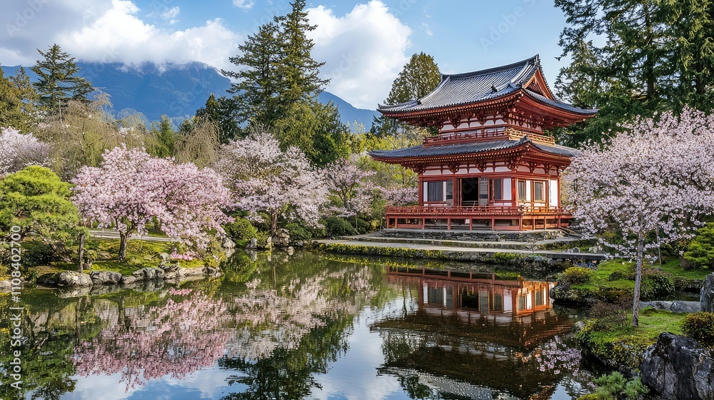 Naklejka premium Serene Cherry Blossom Trees in Full Bloom Surrounding a Traditional Pavilion Amidst a Scenic Landscape with Majestic Mountains in the Background