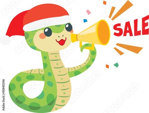 クリスマスセールでメガホンを持ったかわいい蛇のイラスト