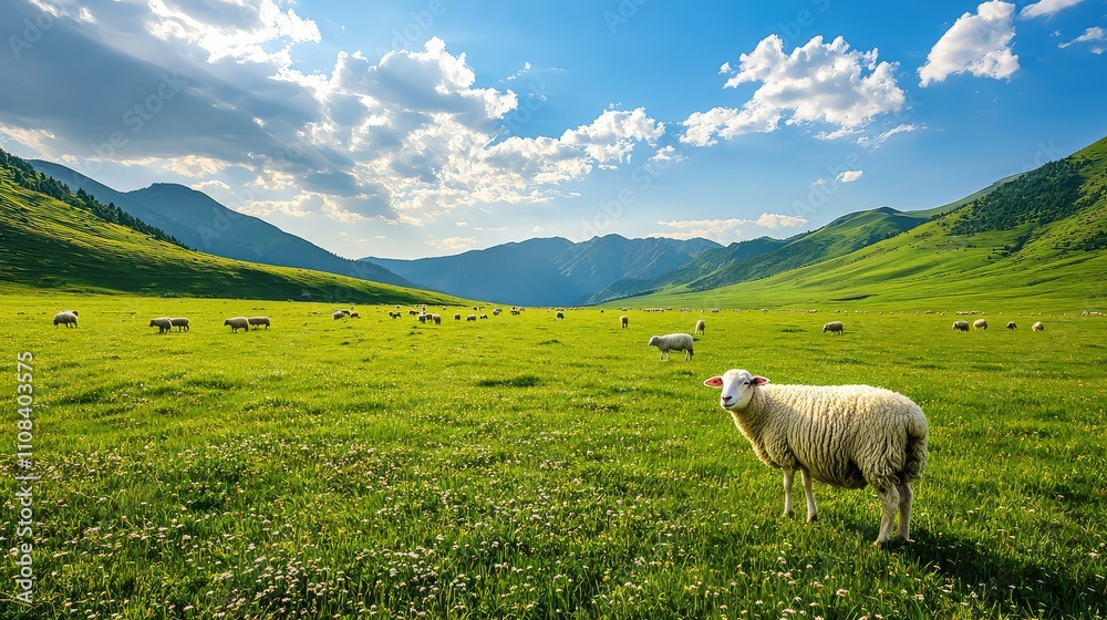 Fototapeta premium Serene Landscape of a Lush Green Meadow with Grazing Sheep Under a Clear Blue Sky and Distant Rolling Hills in the Background