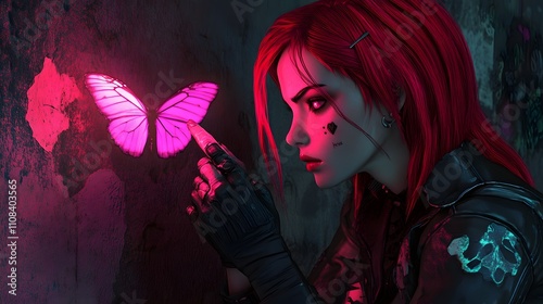 Cyberpunk Woman Interacting With Glowing Butterfly photo