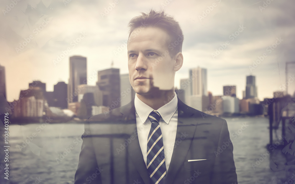 Businessman in suit reflecting on the skyline during dusk near waterfront with city lights illuminating the background Businessman in suit reflecting on the skyline during dusk near waterfront with city lights illuminating the background