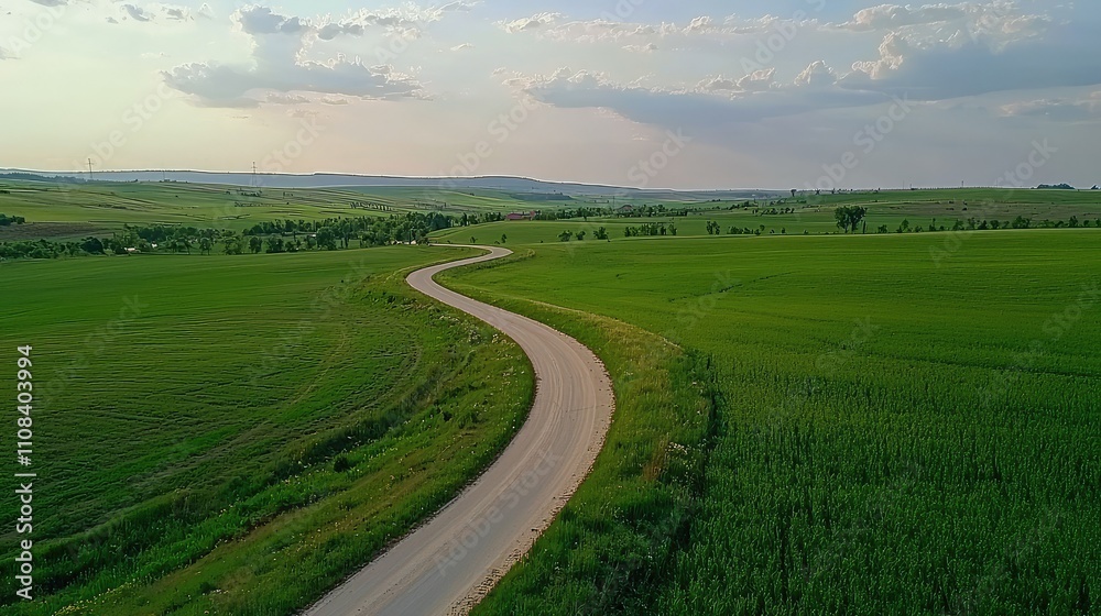 Obraz premium Winding Road Through Scenic Rural Landscape Surrounded by Lush Green Fields and Open Sky Under a Soft Horizon Glow in a Peaceful Setting