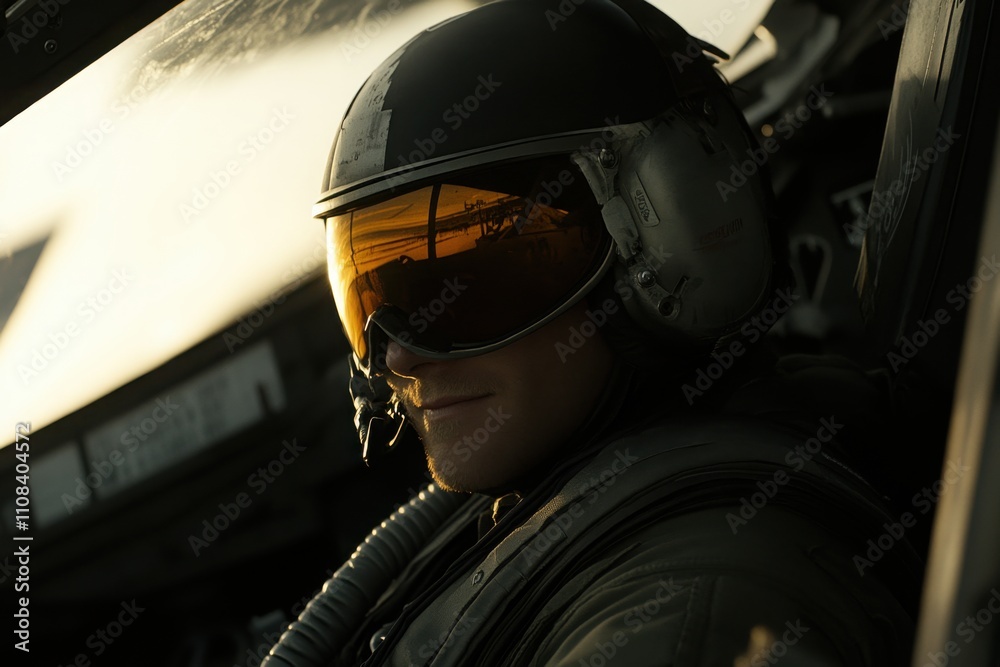 Fototapeta premium Pilot in Cockpit with Visor and Soft Lighting