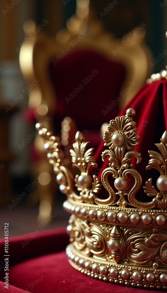 Obraz premium Macro shot of intricate details of a royal crown showcasing filigree patterns and pearls with a throne room background and copy space