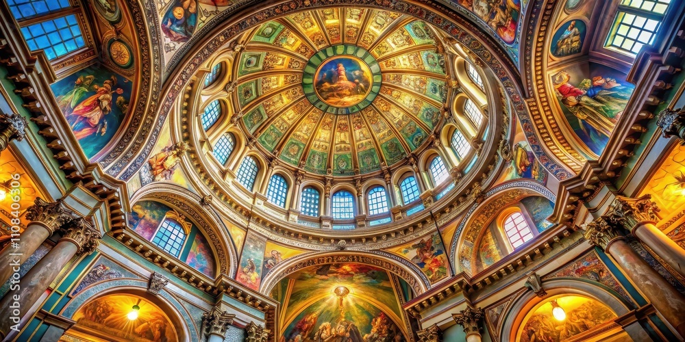 Obraz premium An elaborate vaulted ceiling adorned with intricate gold leaf detailing and vibrant murals depicting religious scenes.