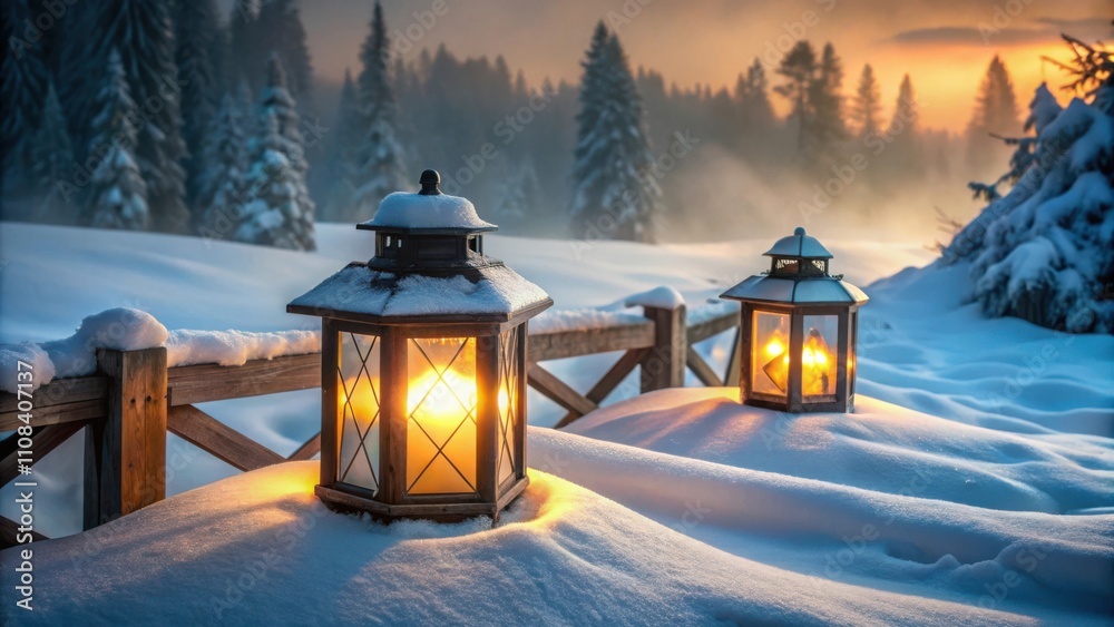 Two lanterns glowing warmly in the snowy landscape, illuminating the winter scene with a soft, golden light Two lanterns glowing warmly in the snowy landscape, illuminating the winter scene with a soft, golden light