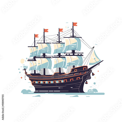 Historic sailing ship with multiple sails in action