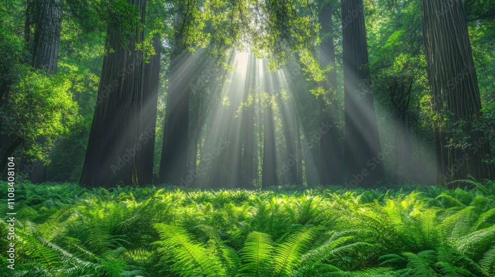 Obraz premium Sunbeams Illuminating a Dense Redwood Forest with Ferns