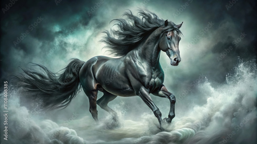A Powerful Black Stallion Gallops Through a Stormy Sea of Clouds, Its Mane and Tail Flowing Wildly in the Wind. A Powerful Black Stallion Gallops Through a Stormy Sea of Clouds, Its Mane and Tail Flowing Wildly in the Wind.