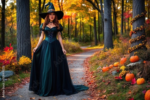 Enchanting Witch in Lively Autumn Forest Embracing Halloween Magic photo