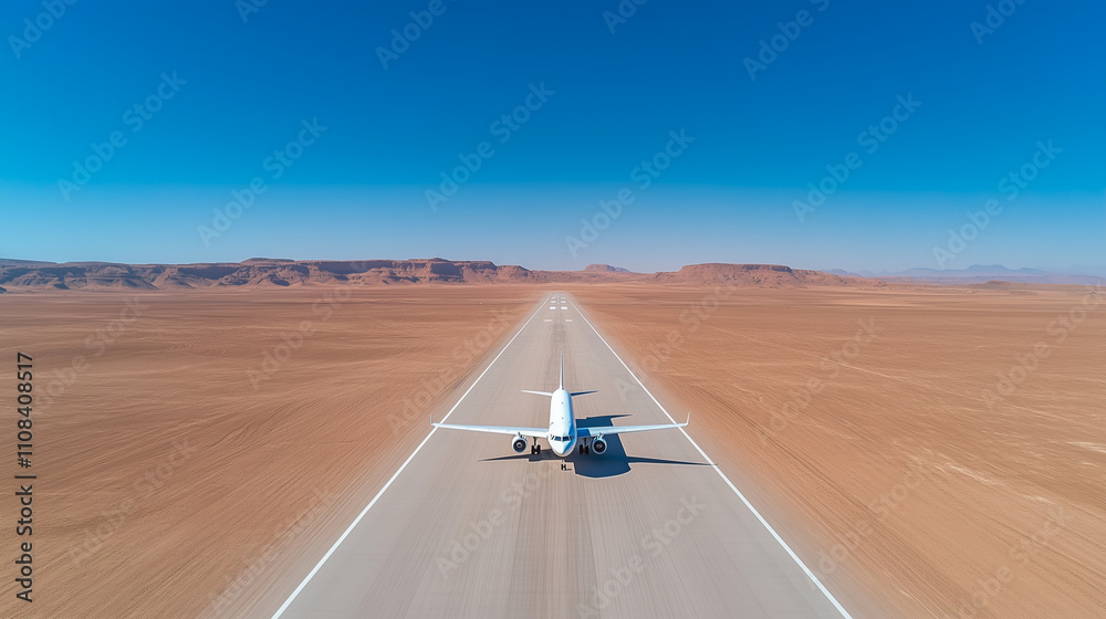 Fototapeta premium Airplane landing on remote desert runway with vast sandy landscape