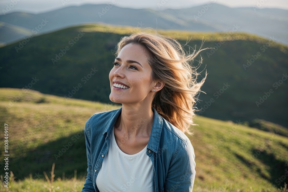 Serene Woman Embracing Fresh Air on a Picturesque Hilltop for Ultimate Wellness Experience Serene Woman Embracing Fresh Air on a Picturesque Hilltop for Ultimate Wellness Experience