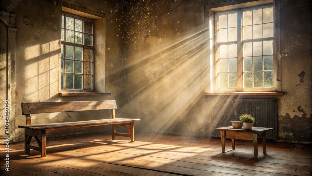Fototapeta premium A sunlit room with a rustic wooden bench, a small table, and a potted plant, casting a warm glow on the weathered walls and wooden floor.