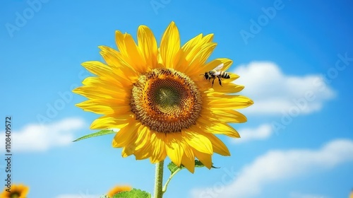 Bright Sunflower with Bee Collecting Pollen Against a Clear Blue Sky, Showcasing the Beauty of Nature in Full Bloom During Sunny Weather
