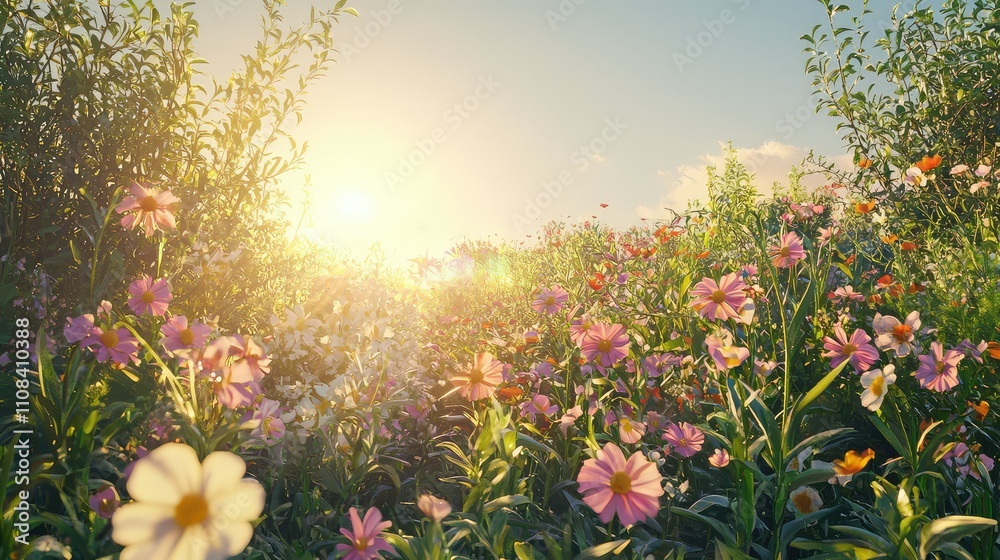Fototapeta premium A Vibrant Spring Garden with Bright Blossoms Bathed in Warm Sunlight, Showcasing a Colorful Array of Flowers and Lush Green Foliage Under a Clear Blue Sky