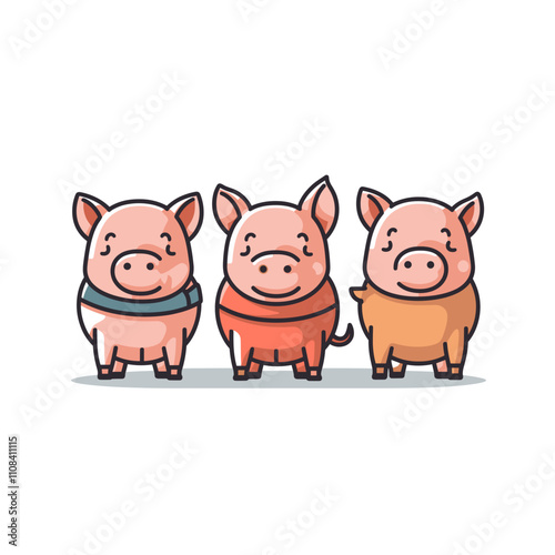 Cute cartoon pigs wearing sweaters stand together in a row