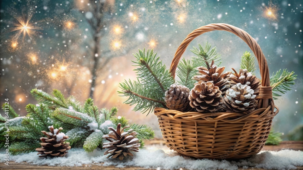 Obraz premium Wicker Basket Filled with Pine Cones and Evergreen Branches, Adorned with a Light Snowfall Against a Background of Sparkling Lights