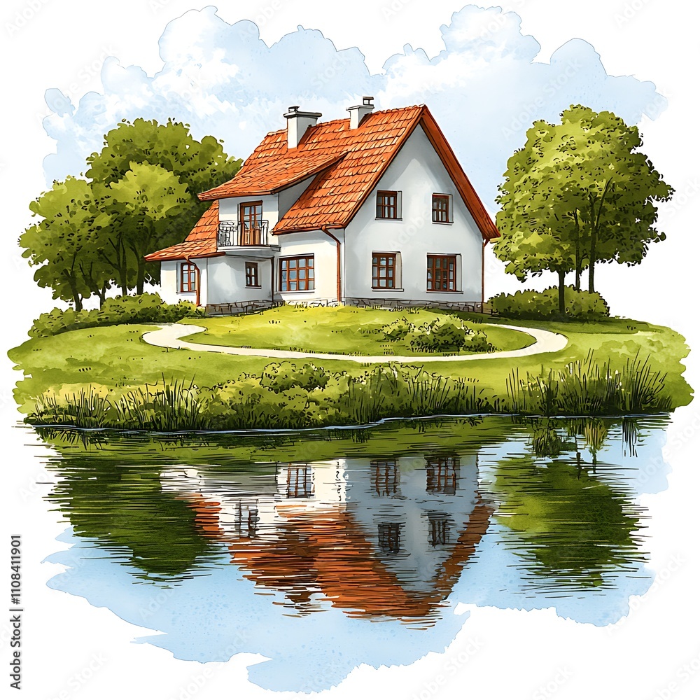 Obraz premium Idyllic Lakeside House with Red Tile Roof Reflected in Calm Water.