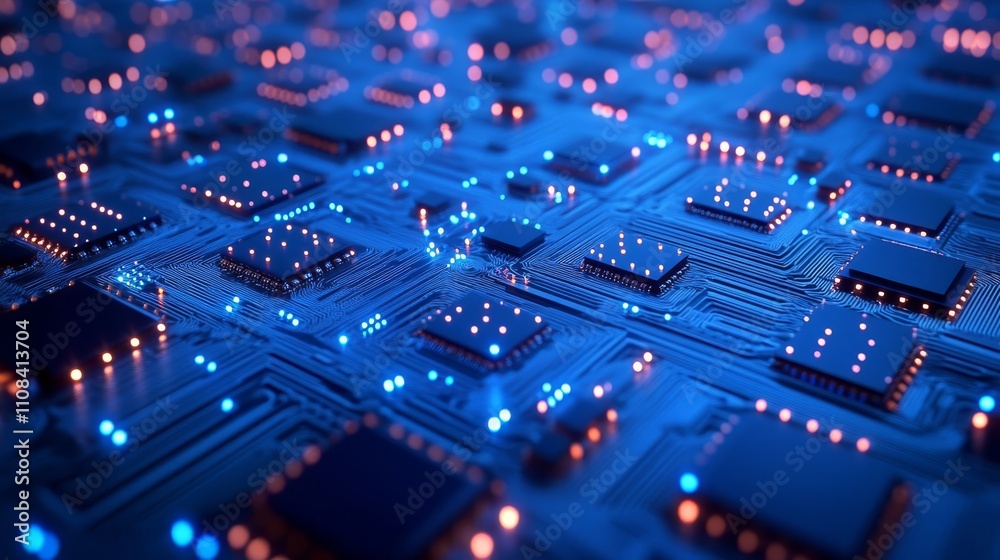 Fototapeta premium Futuristic microchip processor with lights on blue background. Quantum computer large data processing database concept. cpu isometric banner. Central computer processor CPU concept.