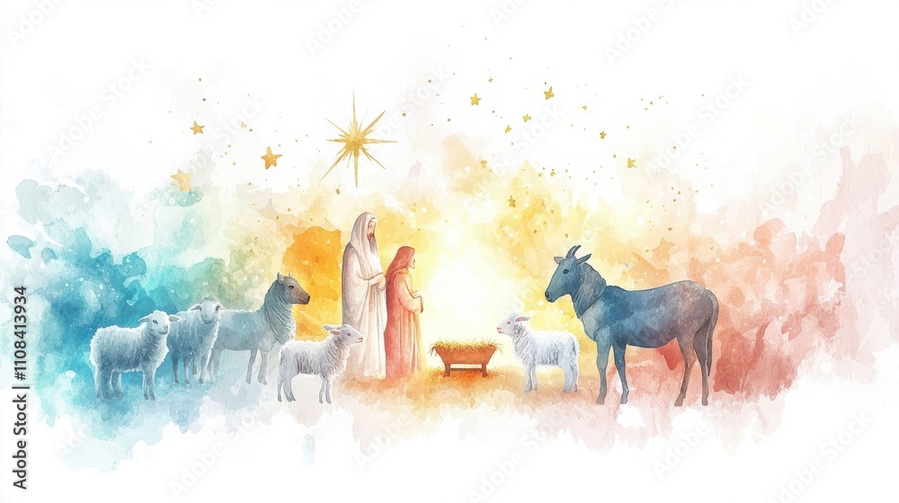 Naklejka premium A serene nativity scene with a starry backdrop, depicting the birth of Jesus with animals, Mary, and Joseph in gentle watercolor hues.
