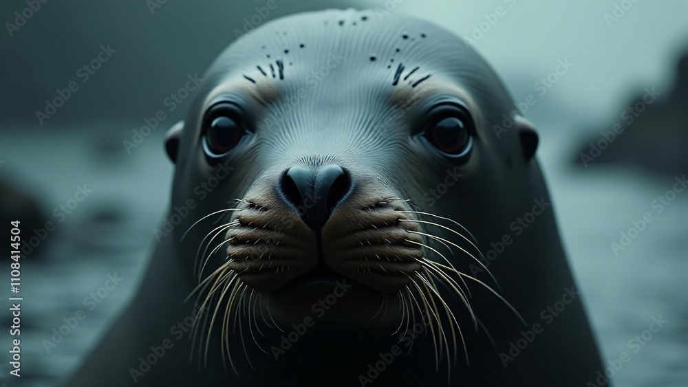Fototapeta premium A close-up of a sea lion's face, emphasizing its expressive eyes, whiskers, and sleek fur with droplets of water.