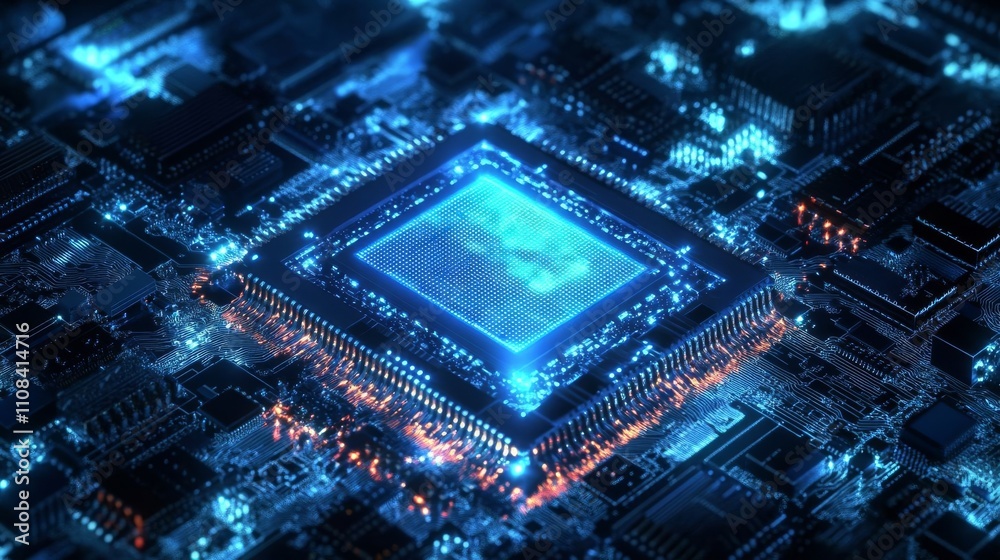 Obraz premium Futuristic microchip processor with lights on blue background. Quantum computer large data processing database concept. cpu isometric banner. Central computer processor CPU concept.