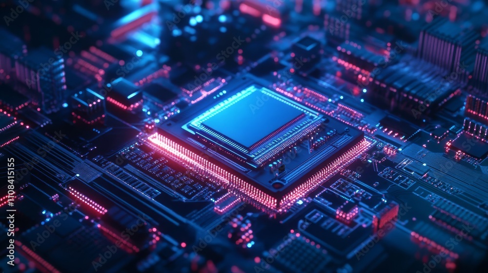 Fototapeta premium Futuristic microchip processor with lights on blue background. Quantum computer large data processing database concept. cpu isometric banner. Central computer processor CPU concept.