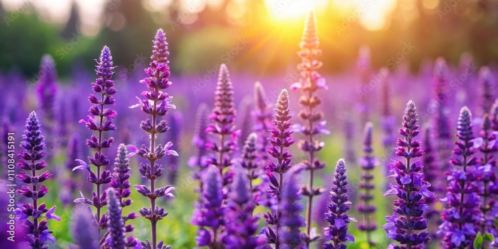Fototapeta premium Purple flowering salvia plant in a field on a sunny spring day, purple, flowering, salvia, plant, green, leaves, grassy field