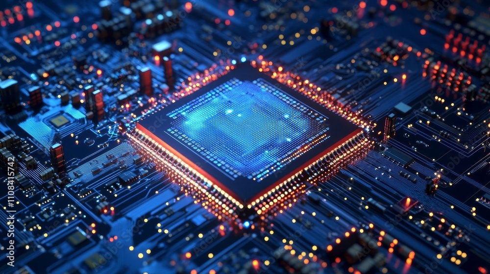 Obraz premium Futuristic microchip processor with lights on blue background. Quantum computer large data processing database concept. cpu isometric banner. Central computer processor CPU concept.