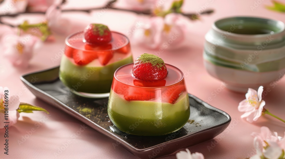 Mousse with two flavors, matcha and strawberry with cherry blossoms flavored jelly Mousse with two flavors, matcha and strawberry with cherry blossoms flavored jelly