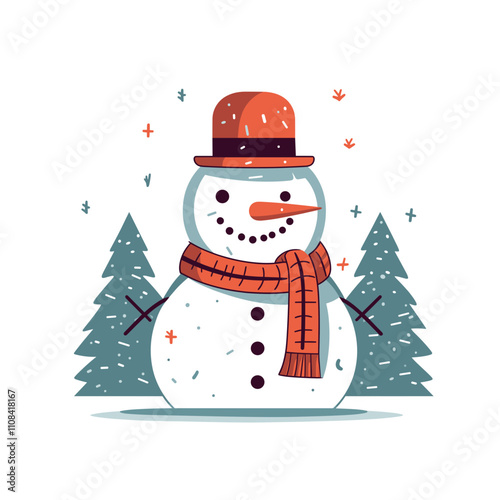 Snowman in winter forest with festive elements