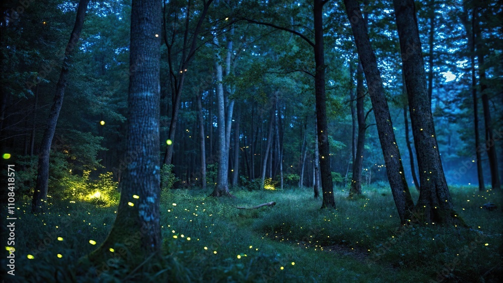 Fototapeta premium Nighttime forest with glowing trees and fireflies, dark woods, green glow, mysterious