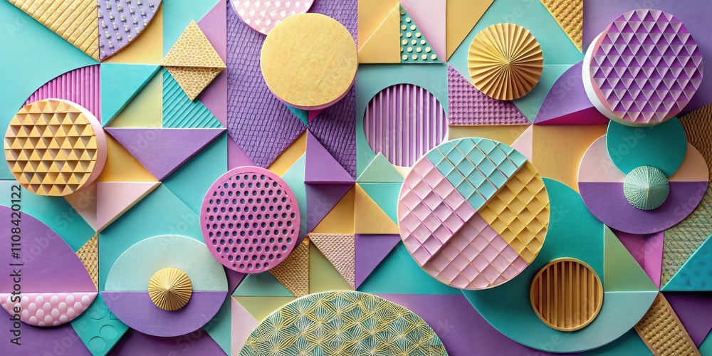 Naklejka premium A vibrant and playful abstract composition of geometric shapes in various textures and colors, creating a dynamic and visually captivating visual.