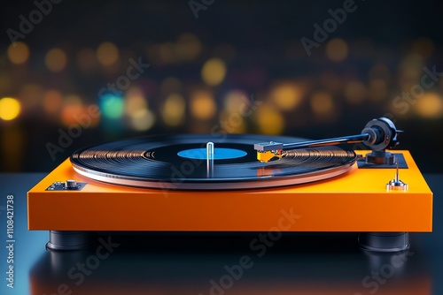 A realistic photo of a vinyl record spinning on a turntable, its grooves catching the light