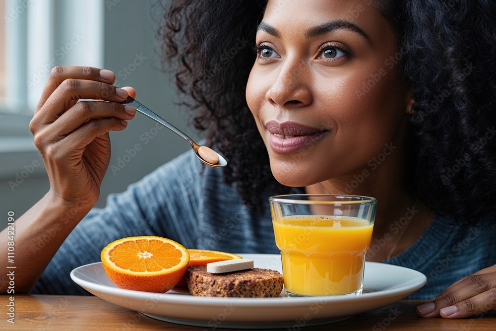 Woman of Color Enjoying Healthy Breakfast with Vitamin D Tablet and Fresh Orange Juice Woman of Color Enjoying Healthy Breakfast with Vitamin D Tablet and Fresh Orange Juice