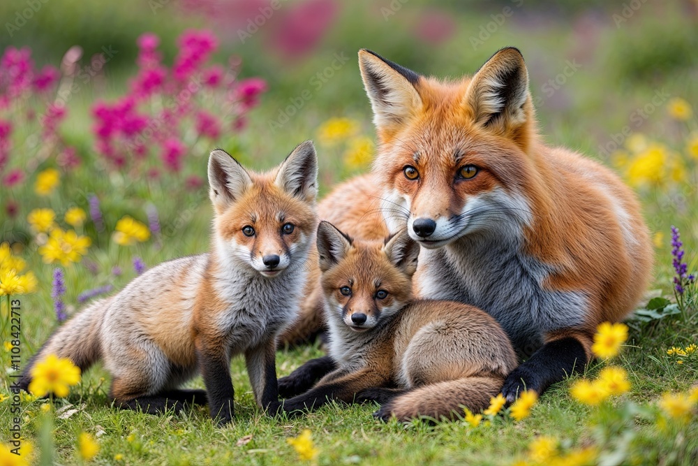 Fototapeta premium Mother Fox and Playful Kits Relaxing in a Colorful Meadow