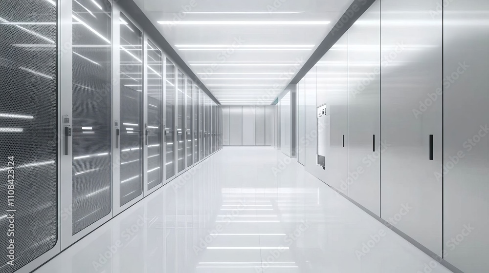 Obraz premium White and blue abstract network on server room data center 3D rendering, connection network data center room storage systems. 