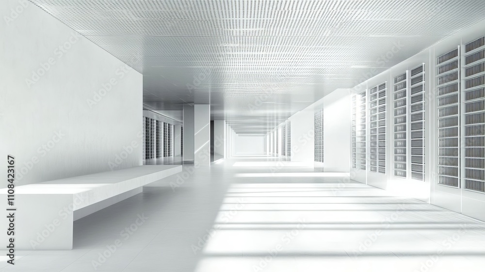 Obraz premium White and blue abstract network on server room data center 3D rendering, connection network data center room storage systems. 