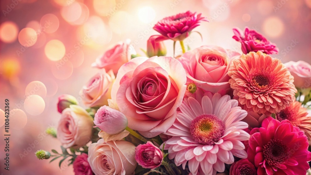 Fototapeta premium A delicate bouquet of pink and coral flowers, adorned with a soft and luminous background, evokes a sense of elegance and beauty.