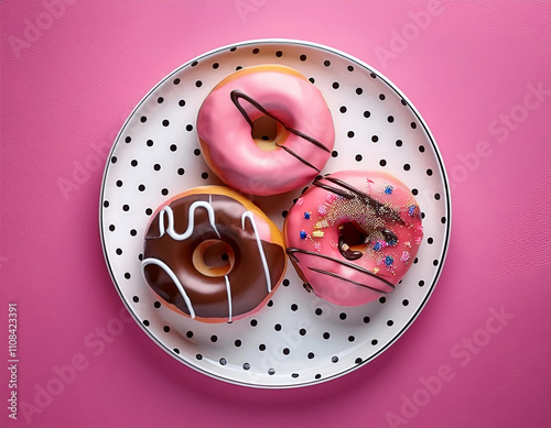 Classic chocolate, strawberry donut on white round plate with black peas isolated on pink background Flat lat lay Top View Knolling Unhealthy and tasty food concept Holiday card photo