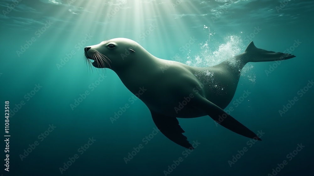 Fototapeta premium A sea lion swimming gracefully in the ocean, cutting through the water with sunlight filtering through, showcasing its agility.