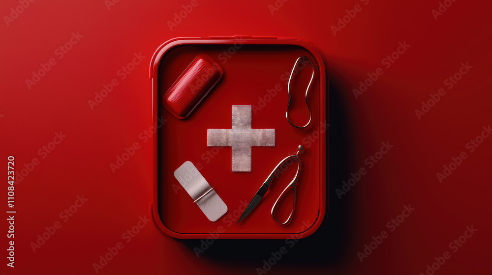 Fototapeta premium red first aid kit containing essential medical supplies like bandages, scissors, and gauze pad. Perfect for emergencies and health care needs