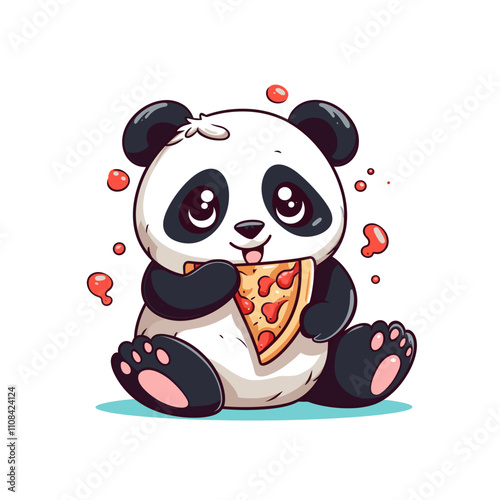 Cute panda eating a slice of pizza happily