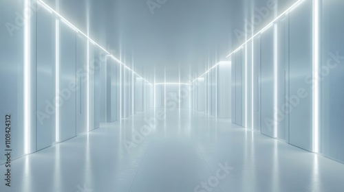 White and blue abstract network on server room data center 3D rendering, connection network data center room storage systems.

